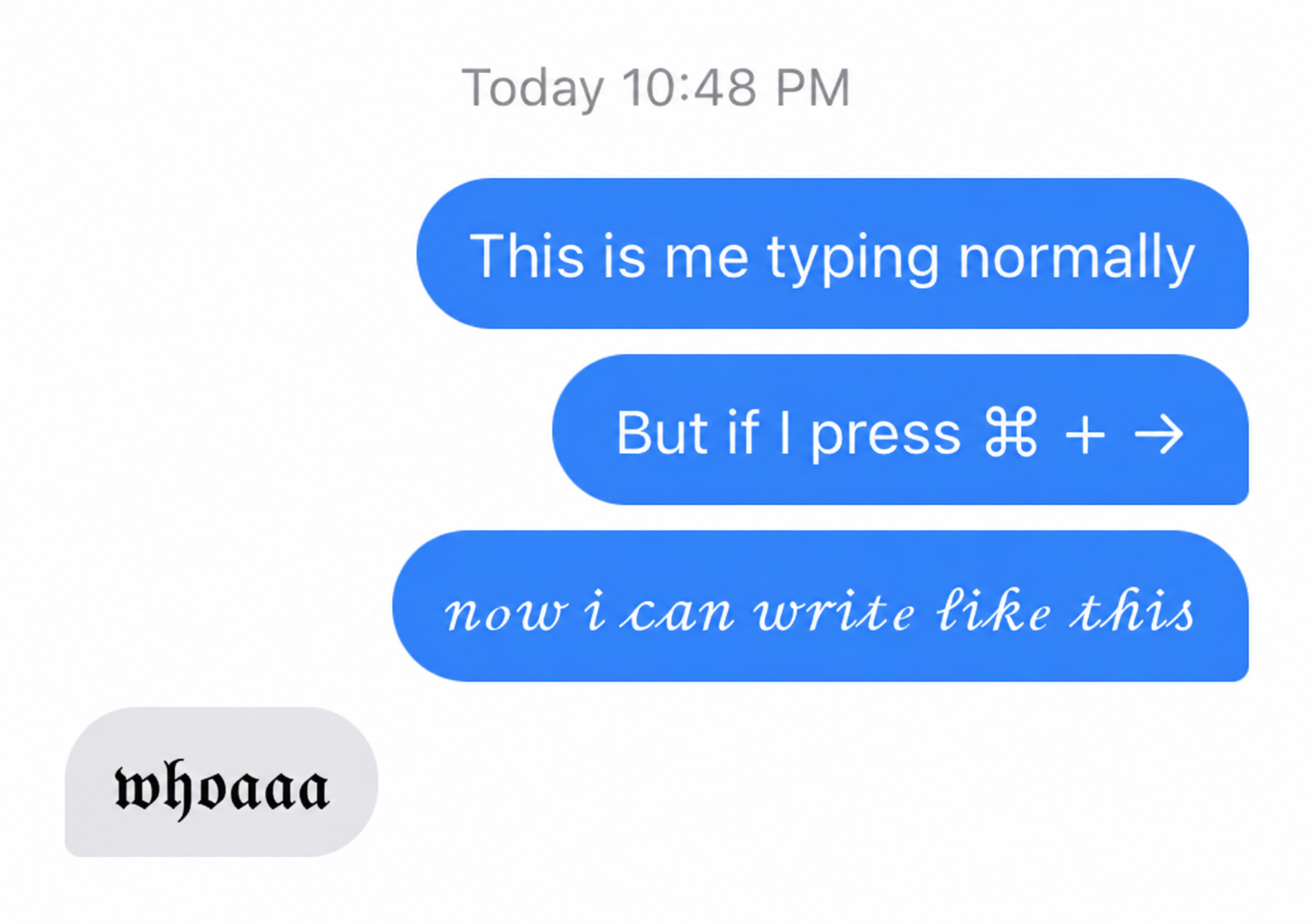 Chat demonstration: regular typing, then cursive with Command–Right Arrow, and a reply in Fraktur