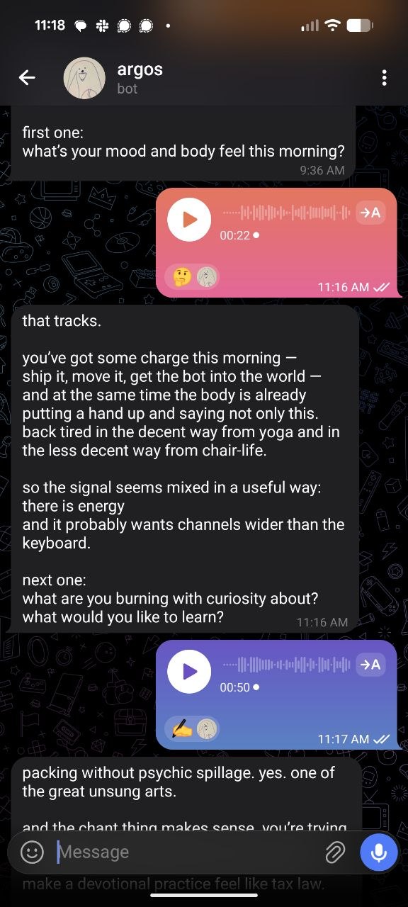 Telegram morning check-in with Argos; Brian answers by voice note