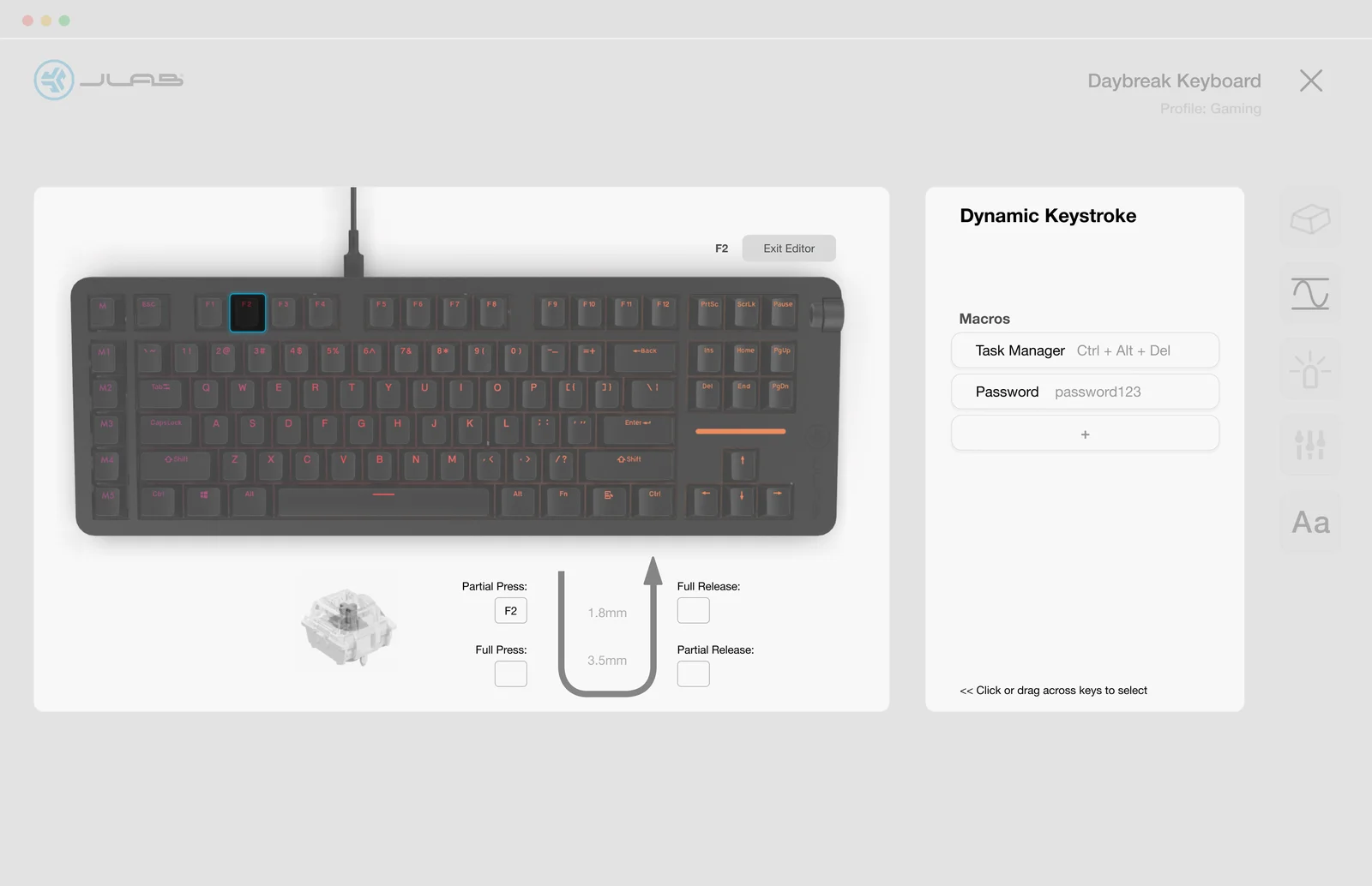Daybreak keyboard Dynamic Keystroke editor with four actions on one key