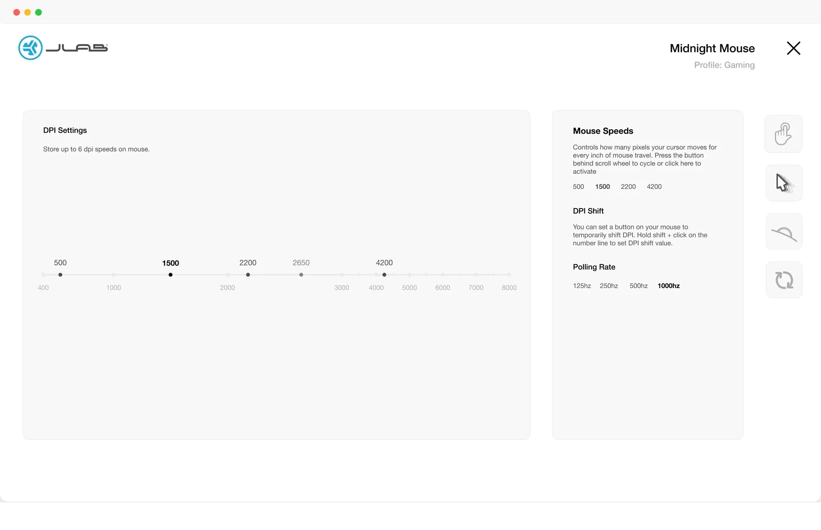 Midnight gaming mouse DPI settings with stages, a shift button and polling rate