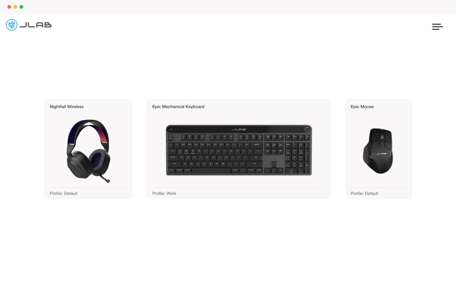 The Lab App home screen with Nightfall Wireless headset, Epic Mechanical Keyboard and Epic Mouse