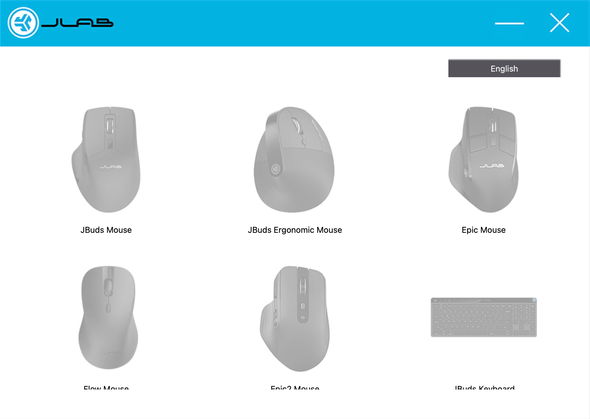 The previous JLab desktop app: grey images of mice and a keyboard with an English language selector