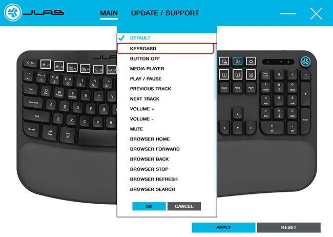 The previous app: a Flow keyboard behind a long menu of functions